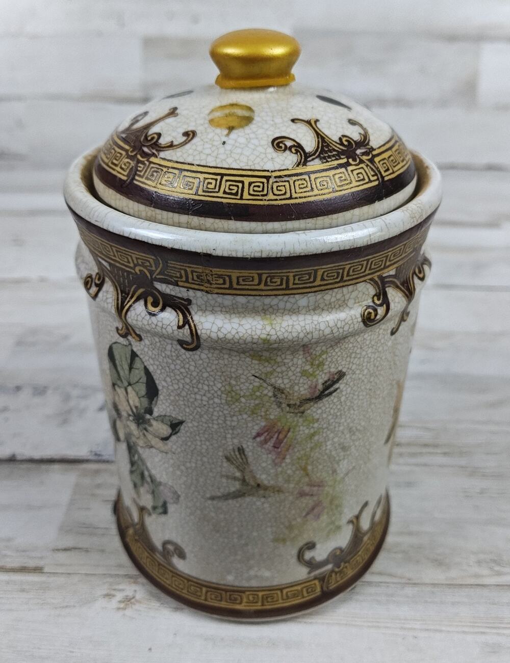 Vintage Crackle Glaze Porcelain Lidded Canister Jar Hummingbird Pear Decor 7 In